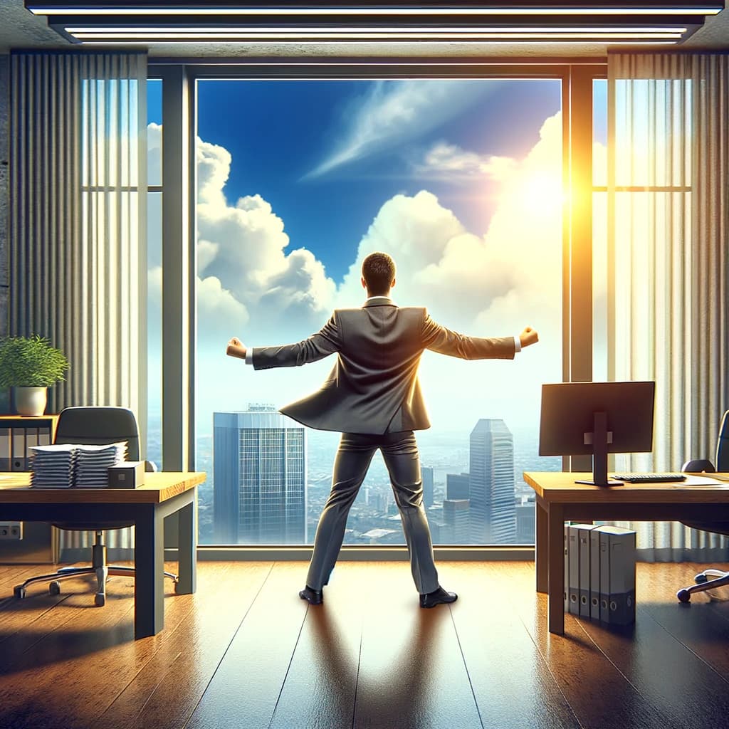 an image depicting a real-life ICM professional dancing in his office